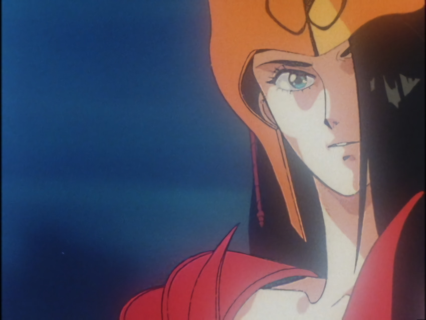 1girl, armor, artstyle, black_hair, blue_eyes, character_request, long_hair, retro