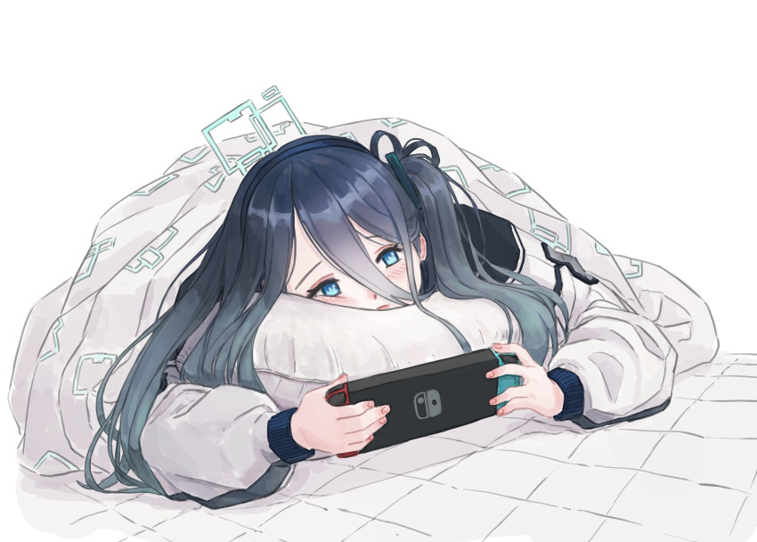 1girl, absurdres, aris_(blue_archive), blue_archive, highres, lying, nintendo_switch, raid_(donghyeok)
