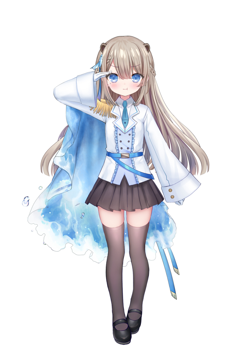 1girl, :t, animal_ears, arm_up, black_shoes, black_skirt, blue_cape, blue_eyes