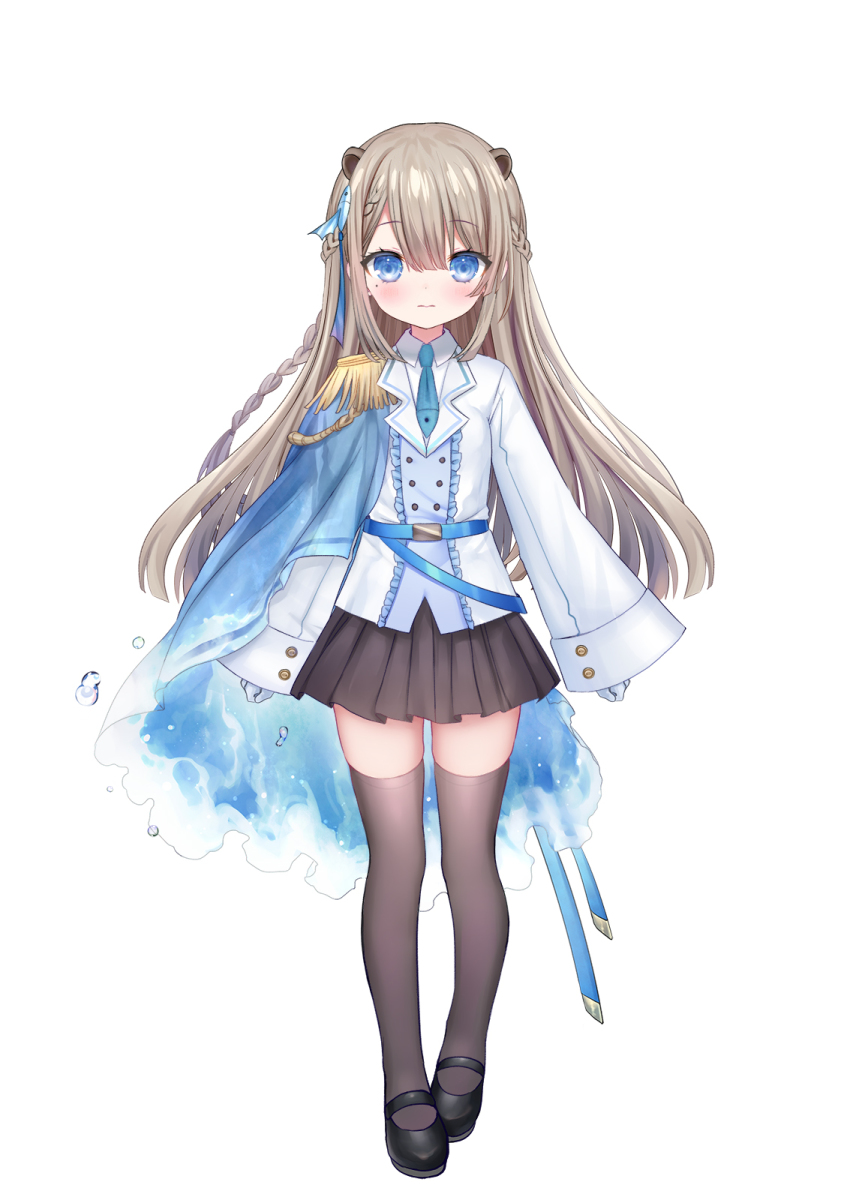 1girl, animal_ears, black_shoes, black_skirt, blue_cape, blue_eyes, blue_necktie, blush