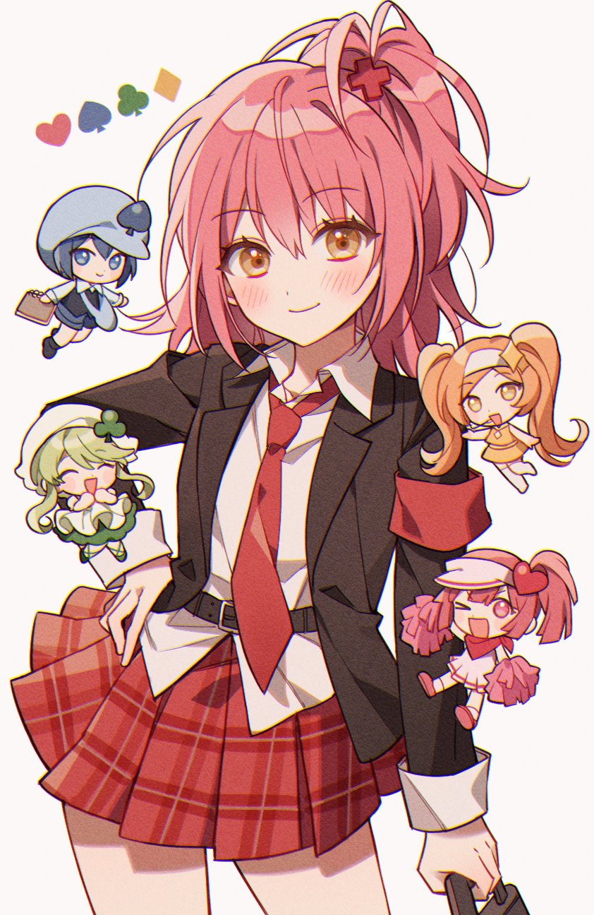 5girls, bad_id, bad_twitter_id, checkered_clothes, checkered_skirt, chibi, closed_mouth, clunch