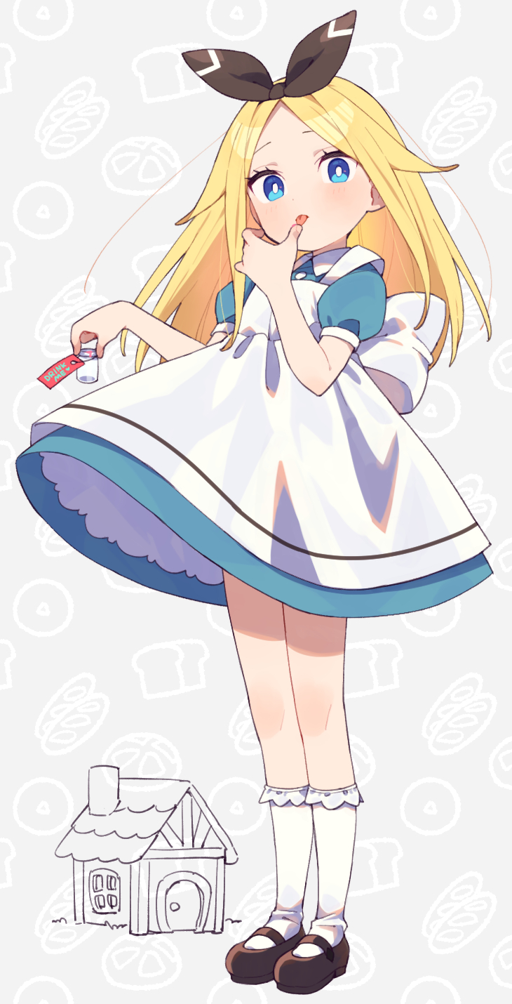 1girl, alice_(moyori), blonde_hair, blue_eyes, bow, bread, bright_pupils, brown_bow, brown_footwear, chimney, closed_mouth, door, donut, dress, drink_me_potion, fingernails, food, frilled_socks, frills, grass, hair_bow, highres, holding, holding_jar, house, jar, large_bow, licking, licking_finger, liquid, long_hair, looking_at_viewer, moyori, patterned, patterned_background, puffy_sleeves, shiny_clothes, socks, solo, standing, tongue, tongue_out, white_pupils, window