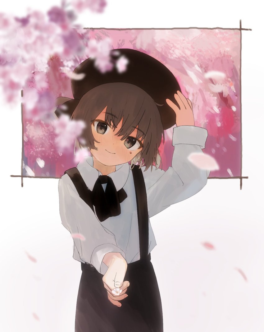 1girl, bad_id, bad_twitter_id, beret, black_hat, black_ribbon, black_skirt, blush