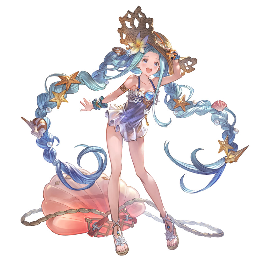 1girl, arm_at_side, arm_up, blue_eyes, blue_hair, braid, flower, granblue_fantasy, hair_flower, hair_ornament, hat, leaning_forward, long_hair, lyria_(daughter_of_pearl)_(granblue_fantasy), lyria_(granblue_fantasy), minaba_hideo, official_art, open-toe_shoes, open_mouth, scrunchie, shell, shell_hair_ornament, shoes, sidelocks, simple_background, smile, solo, starfish_hair_ornament, straw_hat, swimsuit, transparent_background, twin_braids, very_long_hair, wrist_scrunchie