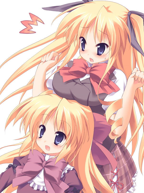 2girls, ^^^, age_difference, blonde_hair, blush, bow, breast_rest, breasts