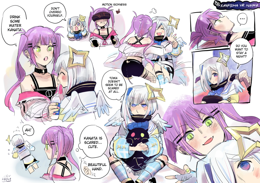 amane_kanata, angel_wings, bibi_(tokoyami_towa), black_shorts, blue_hair, bottle, closed_eyes, colored_inner_hair