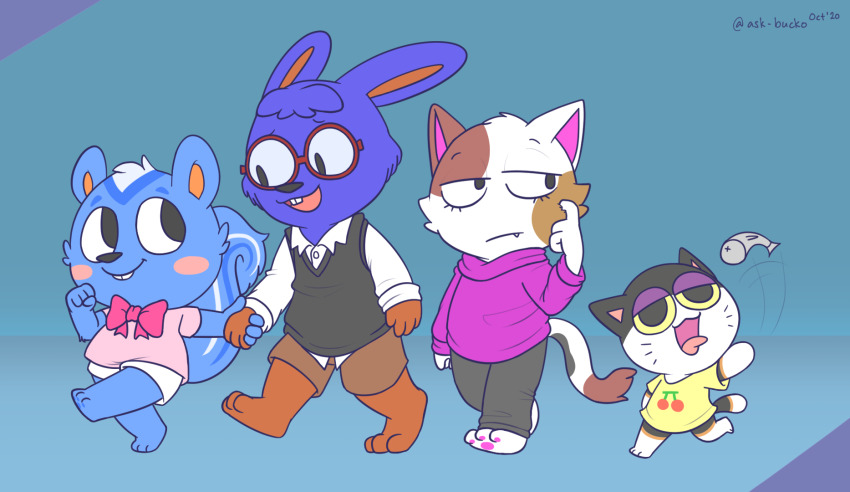 animal_crossing, blue_background, boxyguy, doc_(animal_crossing), filbert_(animal_crossing), highres, holding_hands, nintendo