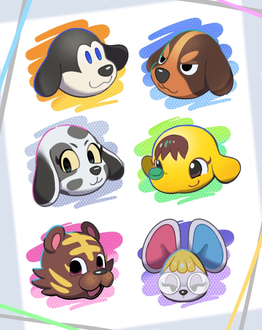 animal_crossing, bangle_(animal_crossing), butch_(animal_crossing), eloise_(animal_crossing), highres, kopa_nishikida, looking_at_viewer, nintendo, petri_(animal_crossing), portia_(animal_crossing), simple_background, walker_(animal_crossing), white_background