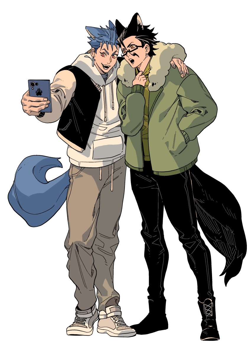 2boys, absurdres, animal_ears, bespectacled, black-framed_eyewear, black_hair, black_pants, blue_hair