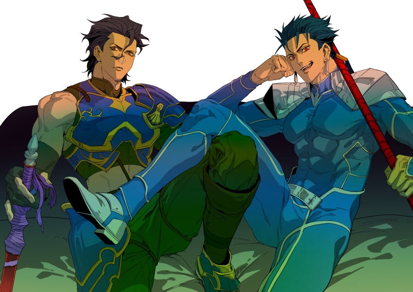 2boys, absurdres, armor, bare_shoulders, black_hair, blue_bodysuit, blue_hair, bodysuit