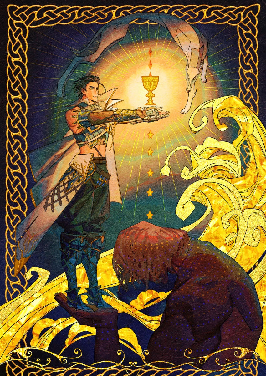 1boy, absurdres, bare_shoulders, black_hair, cape, commentary, diarmuid_ua_duibhne_(fate), diarmuid_ua_duibhne_(lancer)_(fate), diarmuid_ua_duibhne_(saber)_(fate), english_commentary, fate/grand_order, fate_(series), fi-n-ona, full_body, green_pants, hair_strand, highres, holy_grail_(fate), male_focus, midriff, mythology, pants, pectorals, short_hair, statue, symbolism, toned, toned_male, white_cape, wolf