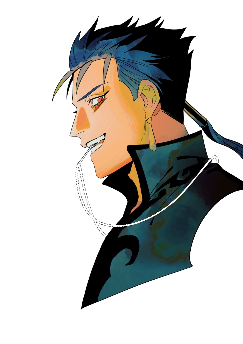 1boy, absurdres, black_hair, cosplay, cropped_torso, cu_chulainn_(fate), cu_chulainn_(lancer)_(fate), diarmuid_ua_duibhne_(fate)