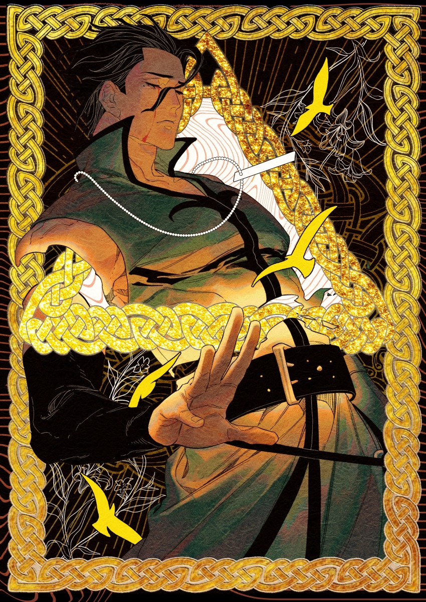 1boy, absurdres, black_hair, bleeding, blood, bloody_tears, closed_eyes, diarmuid_ua_duibhne_(fate)