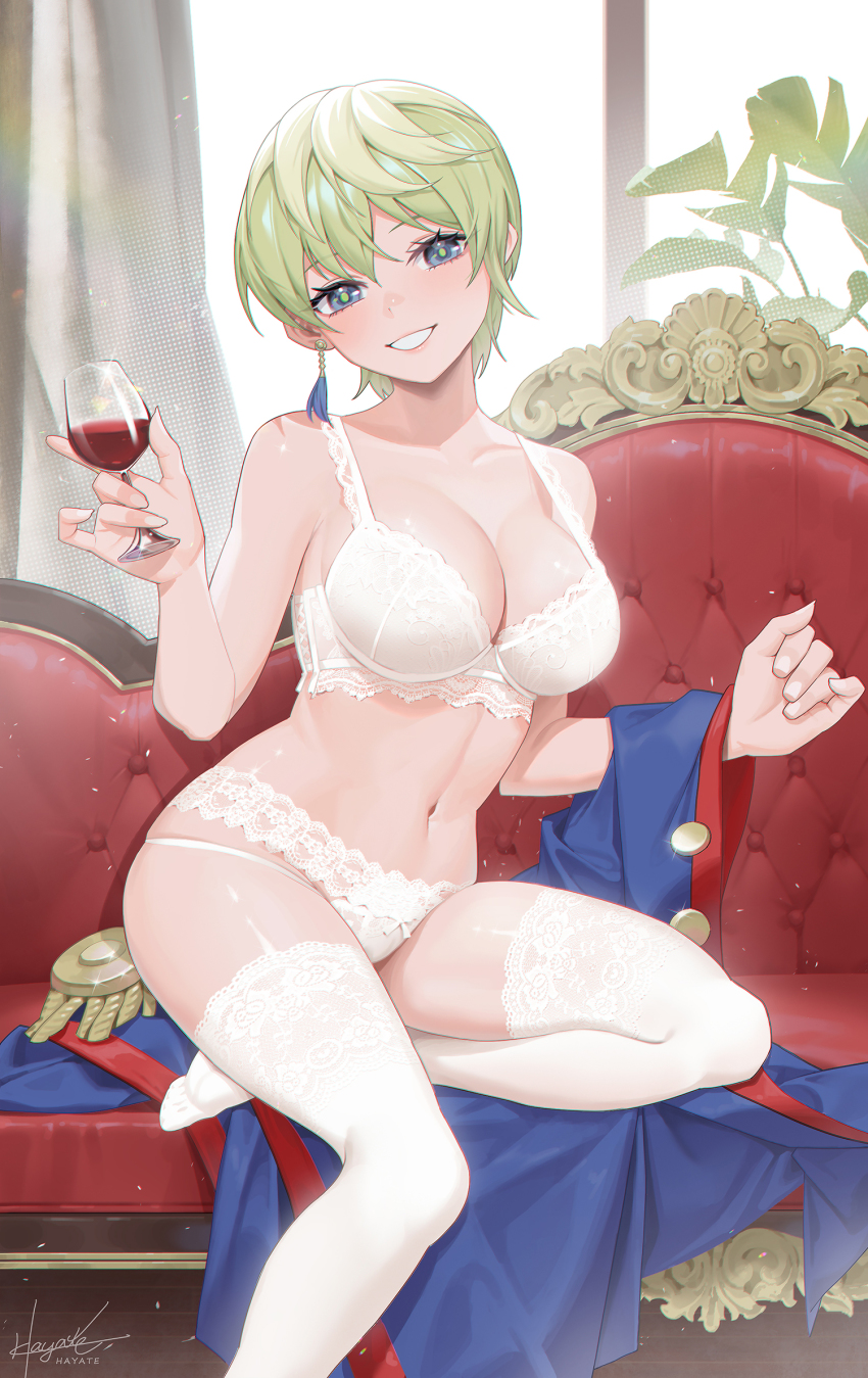 1girl, alcohol, artist_name, blue_eyes, blue_jacket, bra, breasts, cleavage, collarbone, couch, cup, curtains, drinking_glass, earrings, epaulettes, fingernails, green_hair, green_pupils, grin, hair_between_eyes, hand_up, hayate_(leaf98k), highres, holding, holding_cup, indoors, izumo_tenka, jacket, jewelry, lace, lace-trimmed_bra, lace_legwear, lace_panties, lace_trim, large_breasts, lingerie, looking_at_viewer, mato_seihei_no_slave, navel, no_shoes, on_couch, panties, plant, red_wine, shiny_skin, short_hair, signature, sitting, smile, solo, stomach, thighhighs, thighs, underwear, underwear_only, unworn_jacket, white_bra, white_panties, white_thighhighs, wine, wine_glass