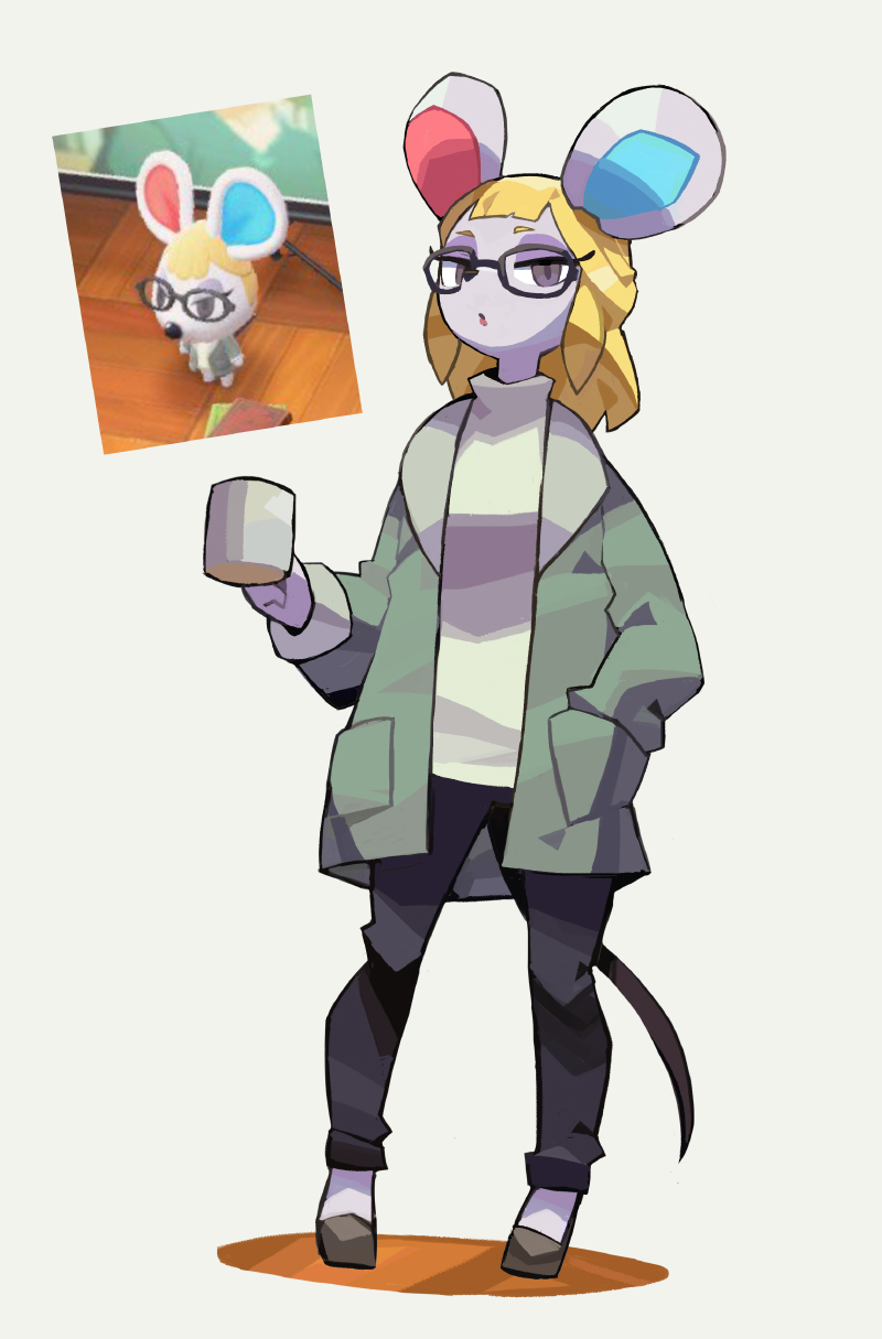 animal_crossing, animal_ears, blonde_hair, cup, glasses, grey_eyes, highres, holding, holding_cup, jacket, looking_at_viewer, mouse_ears, mouse_girl, mouse_tail, mug, niking, nintendo, personification, petri_(animal_crossing), simple_background, tail, white_background