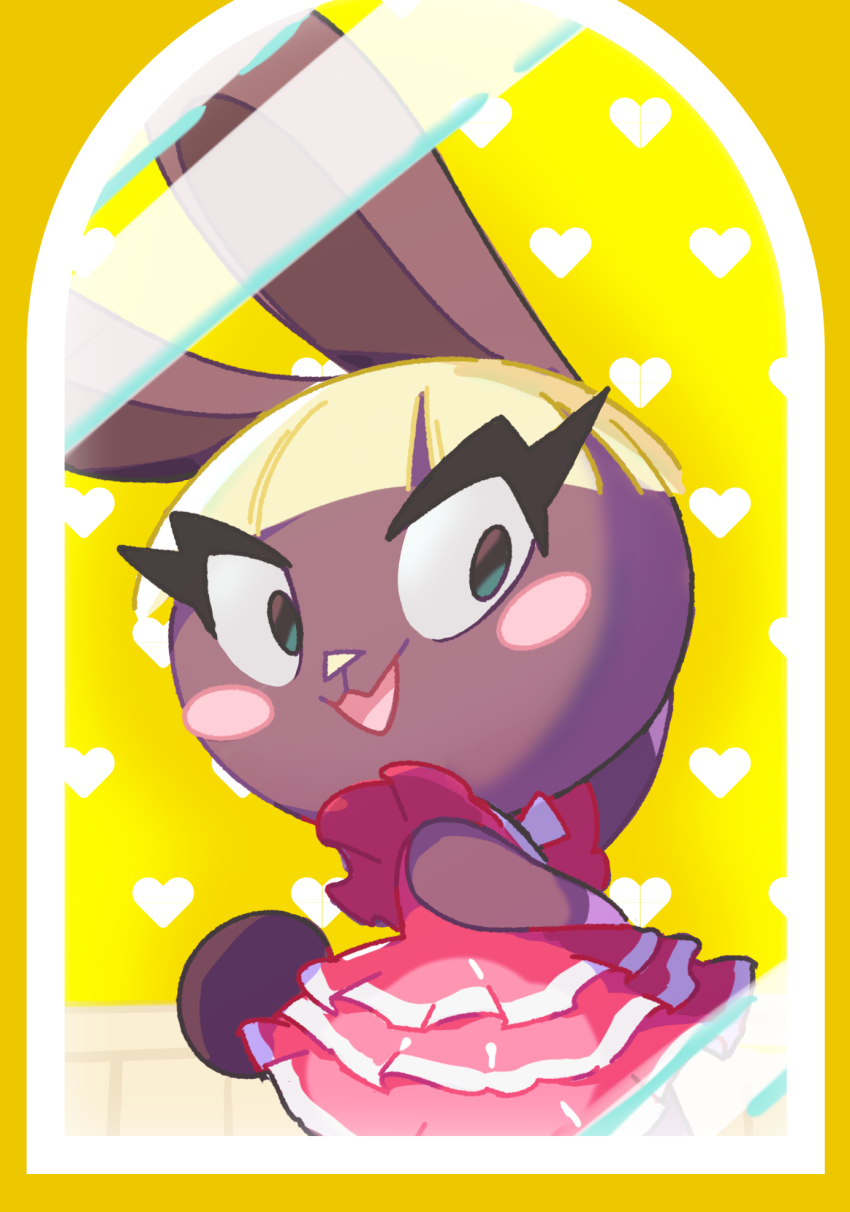 animal_crossing, arm_behind_head, bonbon_(animal_crossing), border, dress, flamenco_dress, heart, heart_print