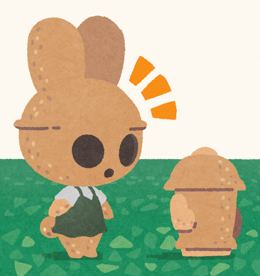 1girl, animal_crossing, chibi, coco_(animal_crossing), dress, furry, grass, gyroid_(animal_crossing)