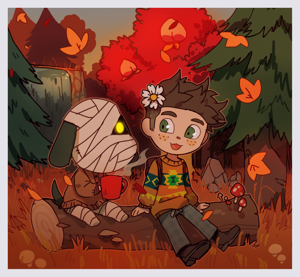 animal_crossing, autumn, autumn_leaves, caffstrink, cedar_tree, cup, flower, flower_on_head