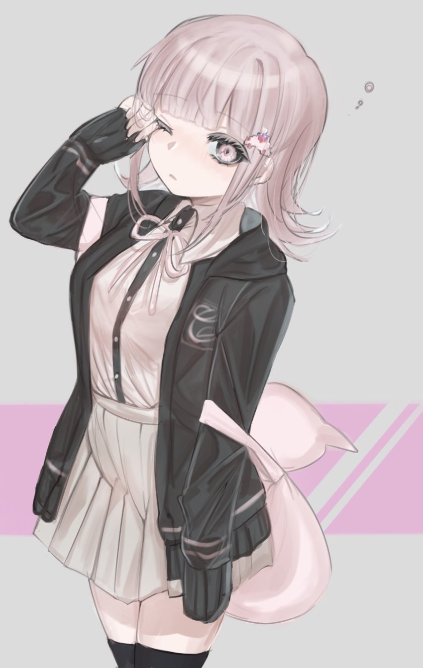 1girl, arm_at_side, backpack, bag, black_jacket, blue-bell, brown_skirt, collared_shirt