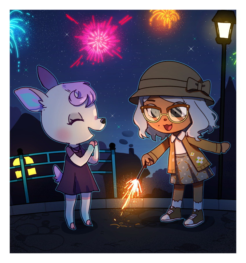 animal_crossing, border, brown_coat, caffstrink, clapping, coat, diana_(animal_crossing), fireworks