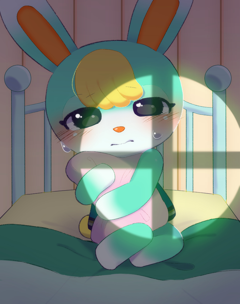 1boy, animal_crossing, blonde_hair, blush, dark, furry, furry_male, indoors, looking_at_viewer, male_focus, nintendo, hugging_object, on_bed, pillow, pillow_hug, rabbit_boy, rabbit_ears, rilo0204, sasha_(animal_crossing), sitting, solo, sunlight, sweat, trap