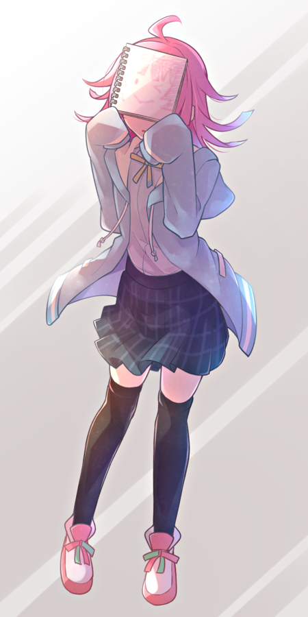 :>, ahoge, black_thighhighs, blue_jacket, blue_skirt, checkered_clothes, checkered_skirt, commentary_request
