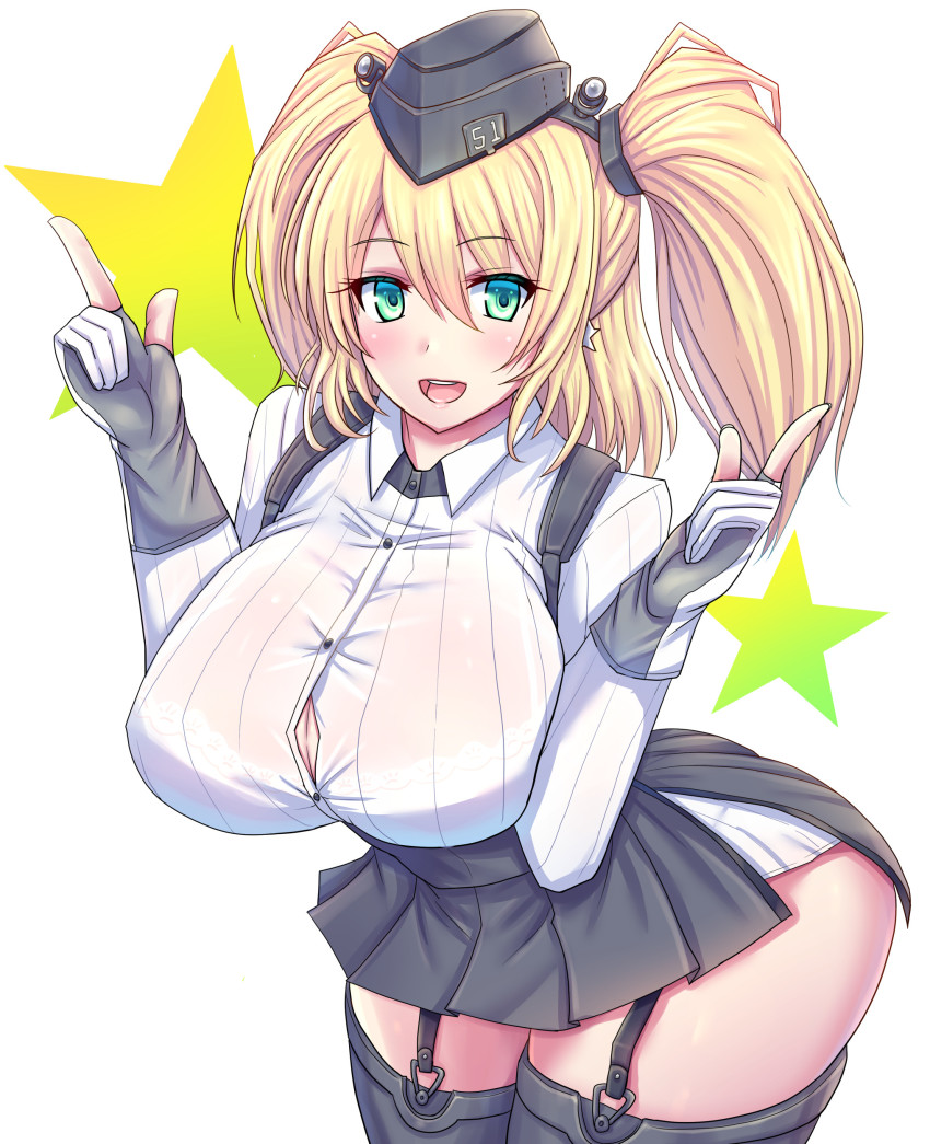 1girl, absurdres, anchor_hair_ornament, atago_(kancolle), atlanta_(kancolle), atlanta_(kancolle)_(cosplay), black_hat, black_skirt, blonde_hair, blouse, breasts, cosplay, cowboy_shot, dress_shirt, earrings, garrison_cap, garter_straps, gloves, green_eyes, hair_ornament, hat, high-waist_skirt, highres, huge_breasts, jewelry, kantai_collection, long_hair, long_sleeves, partially_fingerless_gloves, see-through_clothes, see-through_shirt, shirt, single_earring, skirt, solo, standing, star_(symbol), star_earrings, suspender_skirt, suspenders, thigh_strap, two_side_up, volk_(bo-tan), white_gloves, white_shirt