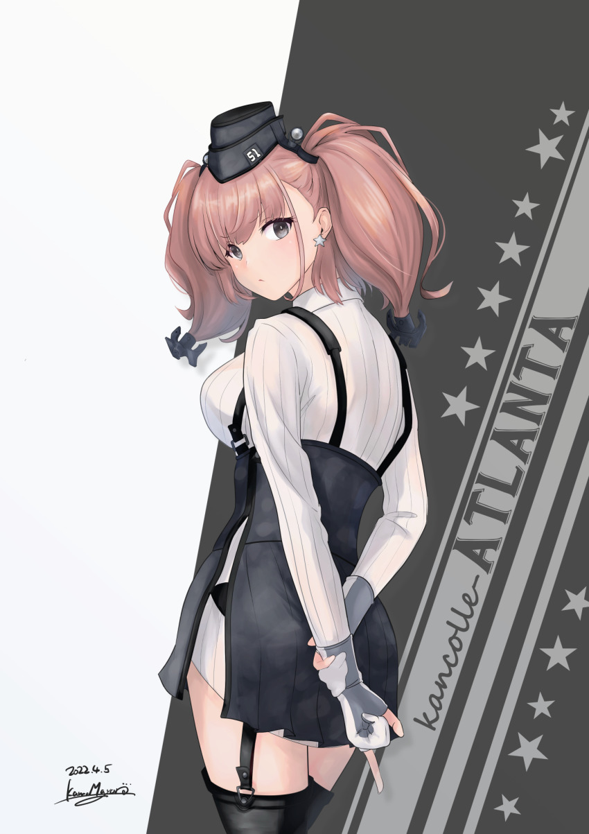 1girl, anchor_hair_ornament, atlanta_(kancolle), black_hat, black_skirt, breasts, brown_hair, character_name