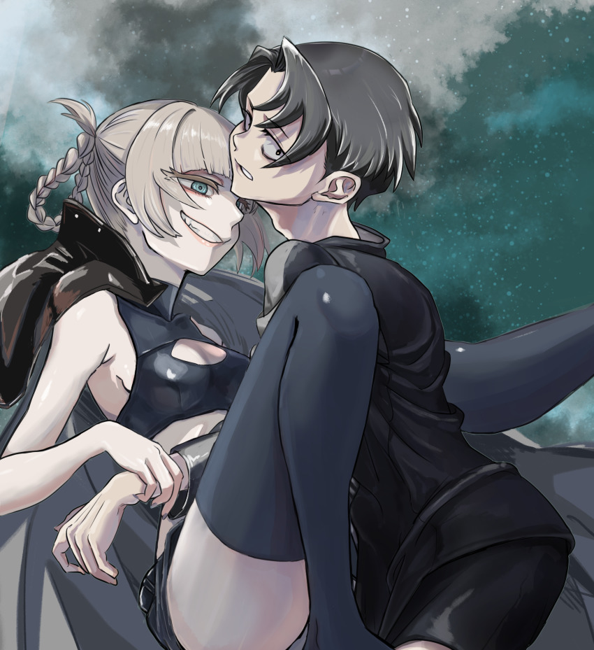 1boy, 1girl, absurdres, blonde_hair, cleavage_cutout, clothing_cutout, couple, grin