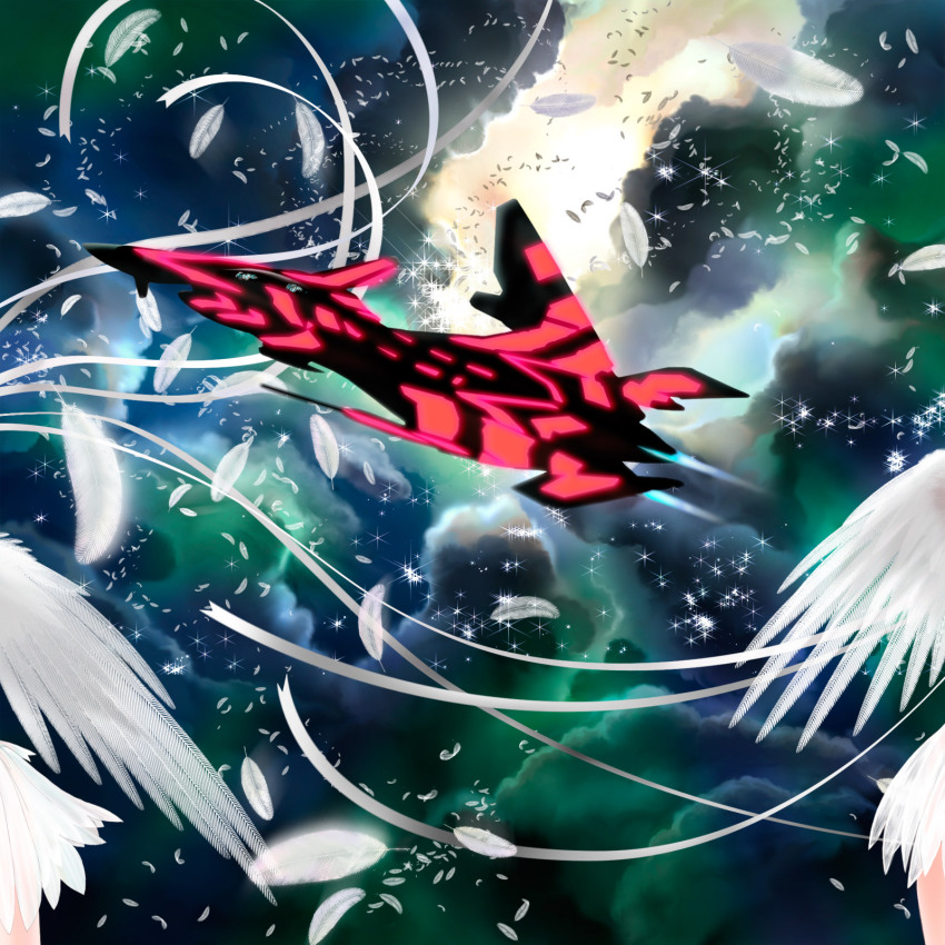 00s, aircraft, airplane, cloud, feathers, ffr-41mr, fighter_jet, highres, military, military_vehicle, no_humans, sentou_yousei_yukikaze, sky, suika_m, vehicle_focus