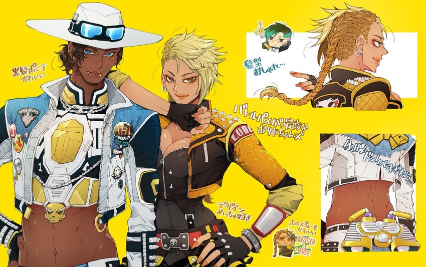 1girl, 2boys, aces_high_seer, animification, apex_legends, badge, belt, black_belt, black_bodysuit, black_gloves, blonde_hair, bodysuit, bracelet, braid, breaking_the_law_loba, breasts, brown_eyes, brown_hair, butt_crack, cleavage, cropped_jacket, crypto_(apex_legends), drone, eyeshadow, face_piercing, fingerless_gloves, gloves, goggles, goggles_on_headwear, hack_(apex_legends), hand_on_own_hip, jacket, jewelry, lip_piercing, loba_(apex_legends), makeup, medium_breasts, medium_hair, midriff, multiple_boys, official_alternate_costume, orange_jacket, piercing, ponytail, red_eyeshadow, seer_(apex_legends), senbiki_(nonono69), smile, spiked_bracelet, spikes, white_headwear, white_jacket