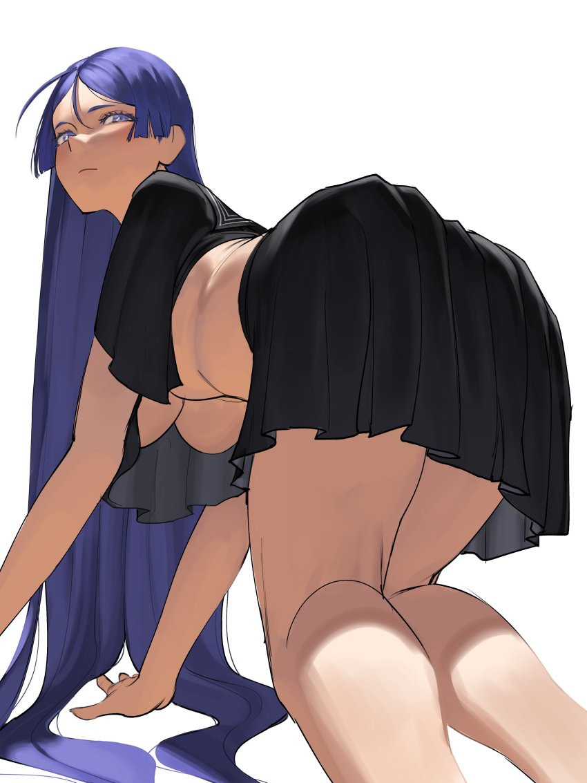 1girl, absurdres, all_fours, ass, bent_over, black_shirt, black_skirt, blouse, breasts, commentary, fate_(series), hair_behind_ear, hair_between_eyes, highres, large_breasts, long_hair, loose_clothes, loose_shirt, minamoto_no_raikou_(fate), parted_bangs, purple_eyes, purple_hair, ryofu_x, sailor_collar, shirt, simple_background, skirt, solo, untranslatable_commentary, underboob, upshirt, very_long_hair, white_background