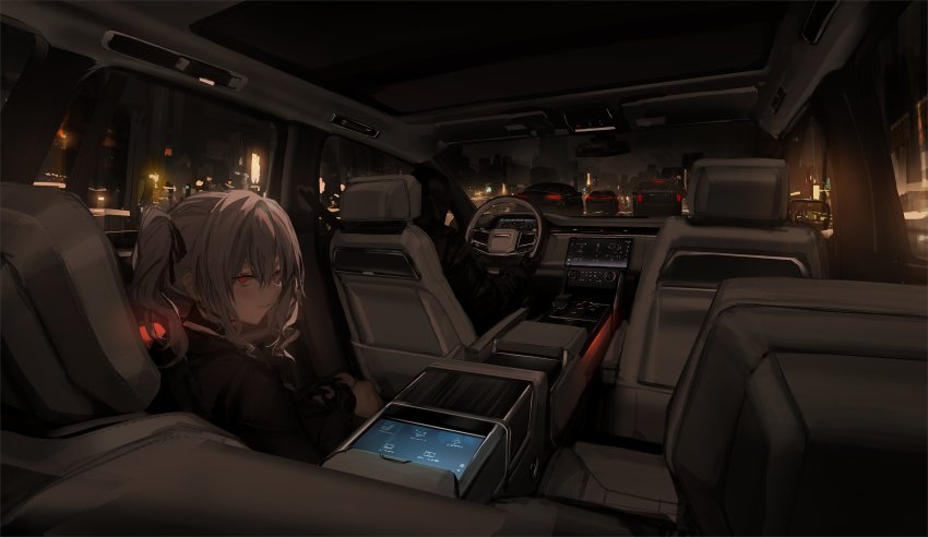 1girl, absurdres, black_gloves, car, car_interior, car_seat, choker, from_behind