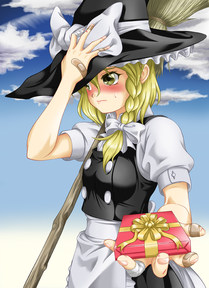 1girl, blonde_hair, blush, braid, broom, chimu, female_focus, hat