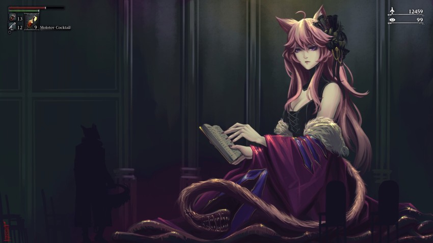 animal_ears, bloodborne, book, cat_ears, cat_girl, cat_tail, dane_celestia, dress, fingernails, highres, horror_(theme), hunter_(bloodborne), long_fingernails, long_hair, nyatasha_nyanners, off_shoulder, pink_eyes, pink_hair, purple_eyes, tail, tail_mouth, virtual_youtuber, vshojo