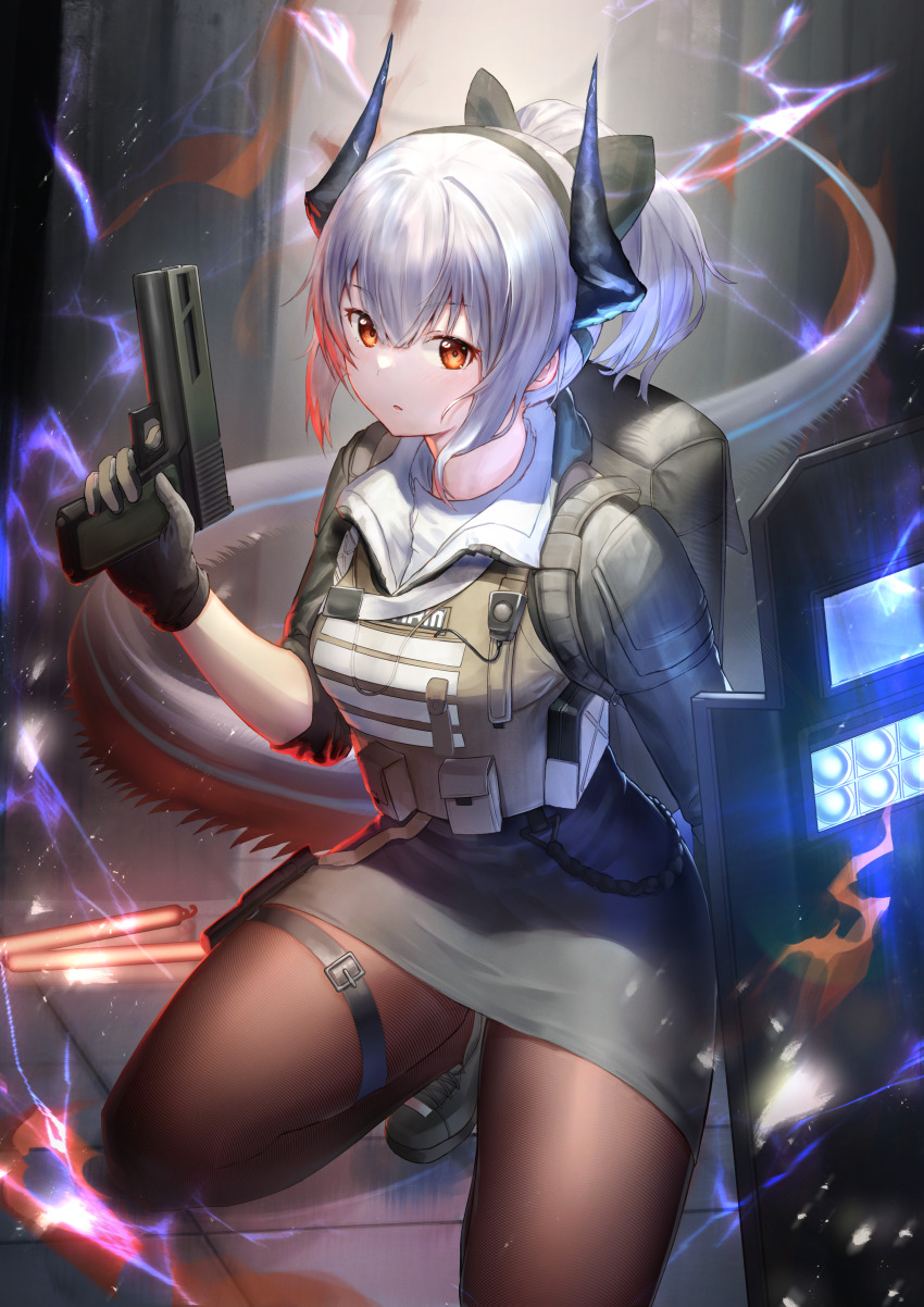 1girl, absurdres, arknights, black_bow, black_footwear, black_gloves, black_hairband, black_jacket