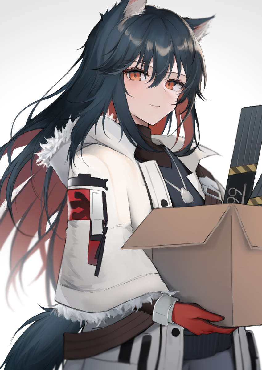1girl, absurdres, animal_ear_fluff, animal_ears, arknights, black_hair, black_shirt, box