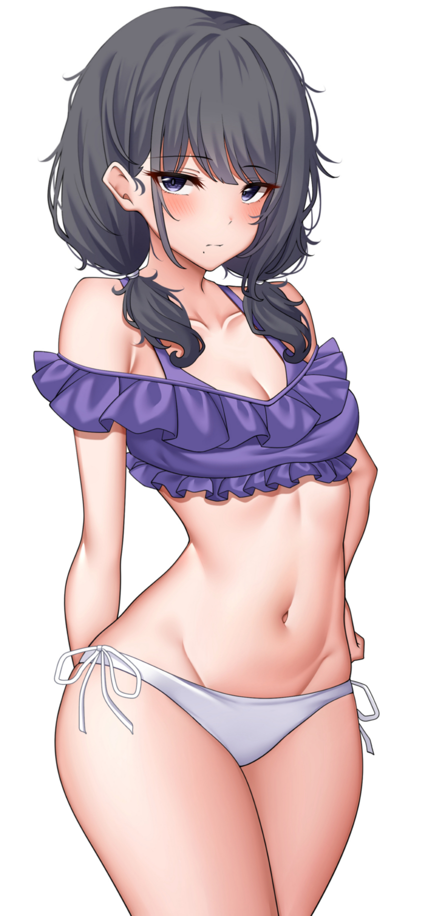 1girl, absurdres, bare_shoulders, bikini, black_hair, blue_eyes, blush, breasts