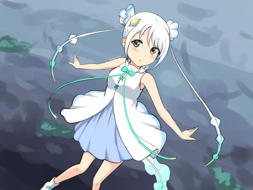 1girl, absurdres, aqua_hair, bare_arms, bare_legs, bare_shoulders, commentary, dress