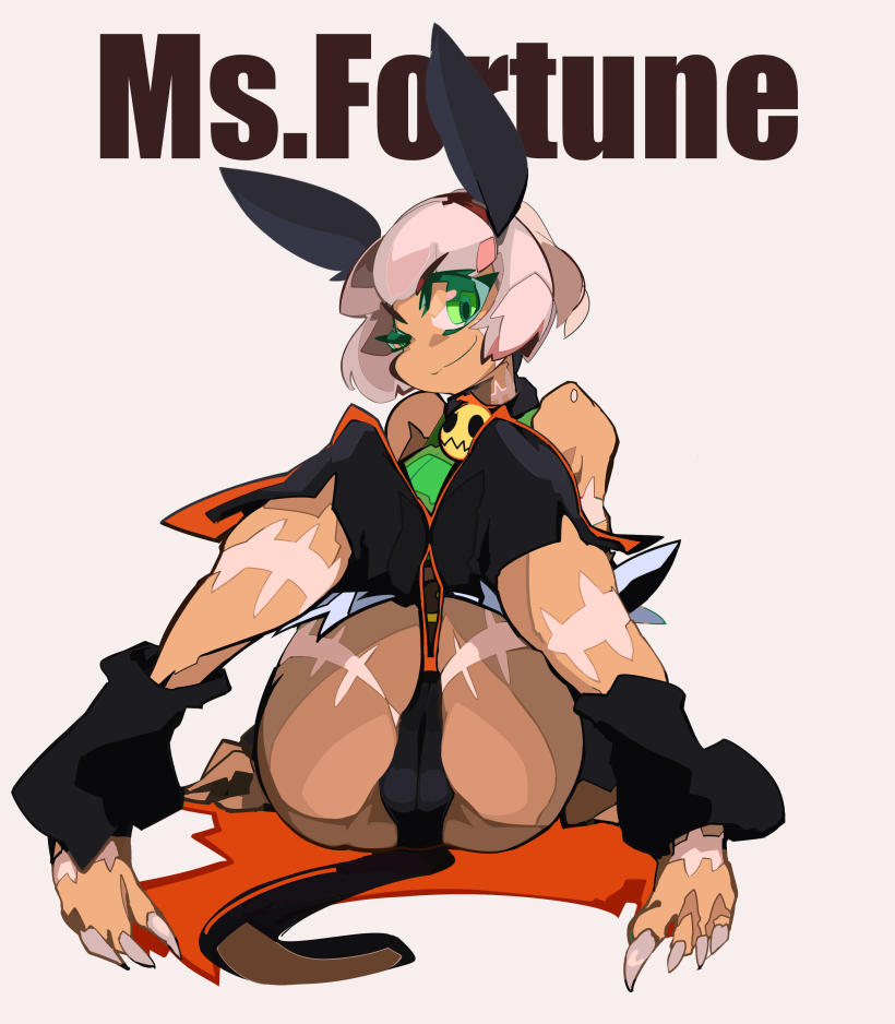 1girl, bare_shoulders, barefoot, bell, belt, blue_background, breasts, cameltoe, cat_girl, character_name, claws, cleavage, collar, dark-skinned_female, dark_skin, detached_leggings, female_focus, fingerless_gloves, gloves, green_eyes, kurokoge013, ms._fortune_(skullgirls), navel, neck_bell, scar, short_hair, sitting, skullgirls, smile, solo, white_hair