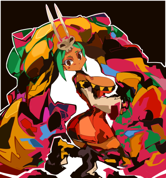 1girl, black_background, boots, breasts, brown_eyes, cerebella_(skullgirls), from_side, green_hair