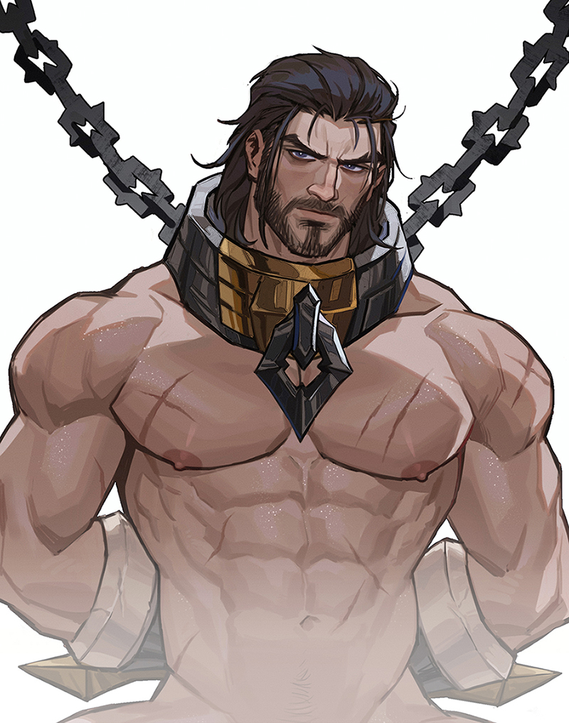 1boy, abs, amo_(amo9612), bara, beard, biceps, black_hair, blue_eyes