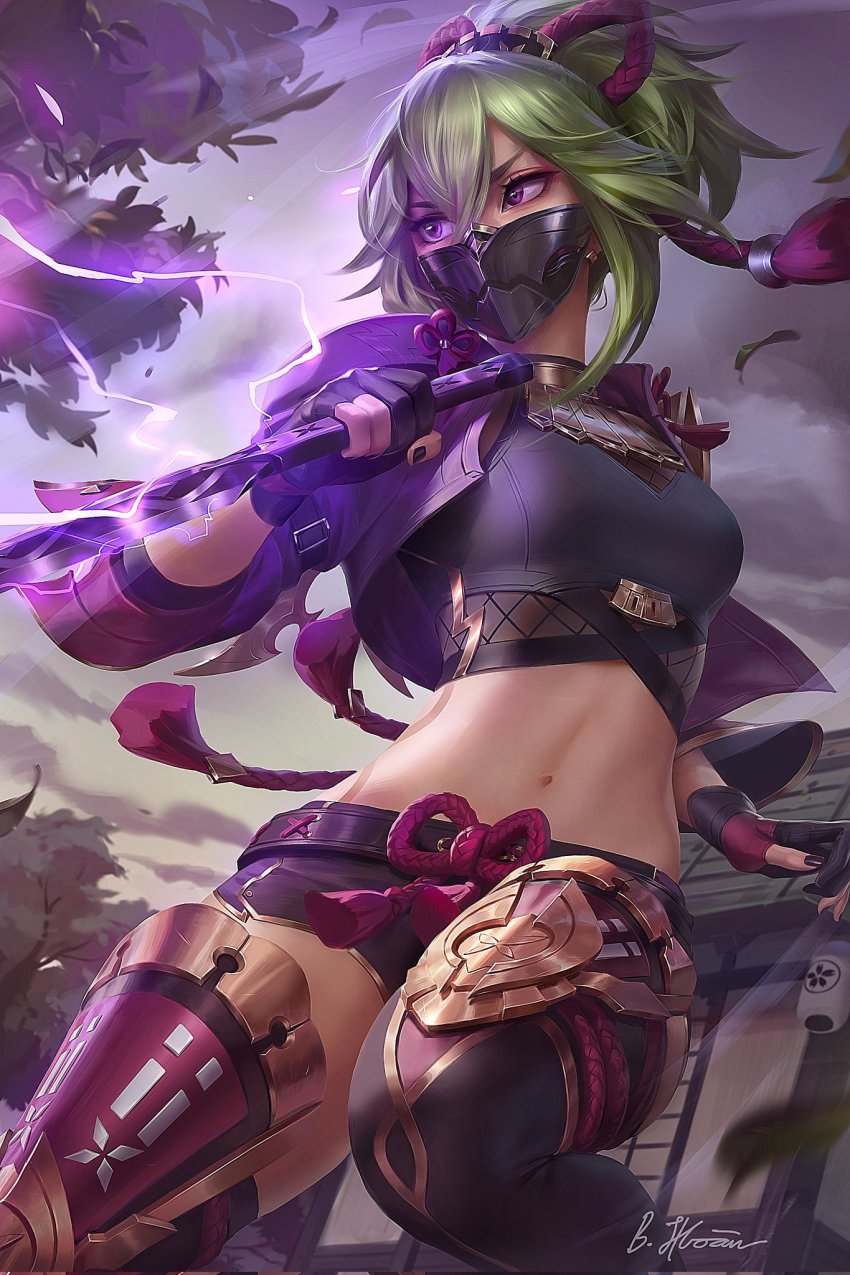 1girl, bich_hoan, black_gloves, black_nails, breasts, commentary, commentary_typo, crop_top, english_commentary, facing_viewer, fingerless_gloves, fingernails, genshin_impact, gloves, green_hair, hair_between_eyes, highres, kuki_shinobu, leg_armor, looking_away, medium_breasts, midriff, nail_polish, navel, purple_eyes, serious, short_shorts, shorts, signature, solo, sword, tassel, weapon