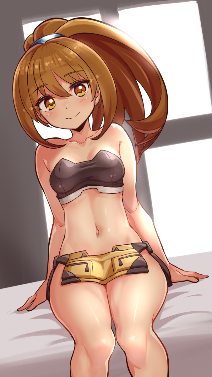 1girl, arms_at_sides, azure_striker_gunvolt, bandeau, bed, blush, breasts, brown_eyes, brown_hair, cougar_(cougar1404), feet_out_of_frame, female_focus, high_ponytail, highres, kohaku_(gunvolt), looking_at_viewer, gunvolt_chronicles_luminous_avenger_ix, navel, on_bed, pelvic_curtain, ponytail, sitting, small_breasts, smile, solo, window