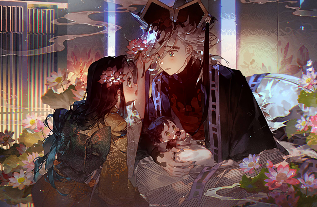 1girl, 2boys, :d, aged_down, artist_name, baby, baby_carry, biting, black_hair, black_headwear, blonde_hair, blue_hair, bud, carrying, couch, douma_(kimetsu_no_yaiba), eye_contact, fingernails, flower, folding_screen, hair_flower, hair_ornament, hand_up, hashibira_inosuke, hashibira_kotoha, hat, holding, holding_flower, index_finger_raised, japanese_clothes, kawacy, kimetsu_no_yaiba, kimono, leaf, long_fingernails, long_hair, long_sleeves, looking_at_another, lotus, mother_and_child, mother_and_son, multicolored_eyes, multicolored_hair, multiple_boys, obi, off_shoulder, open_mouth, parent_and_child, parted_lips, pink_flower, profile, ribbon_trim, sash, seiza, sharp_fingernails, short_hair, sidelocks, sitting, smile, smoke, spoilers, surprised, text_in_eyes, turtleneck, two-tone_hair, very_long_hair, wide_sleeves, yellow_kimono