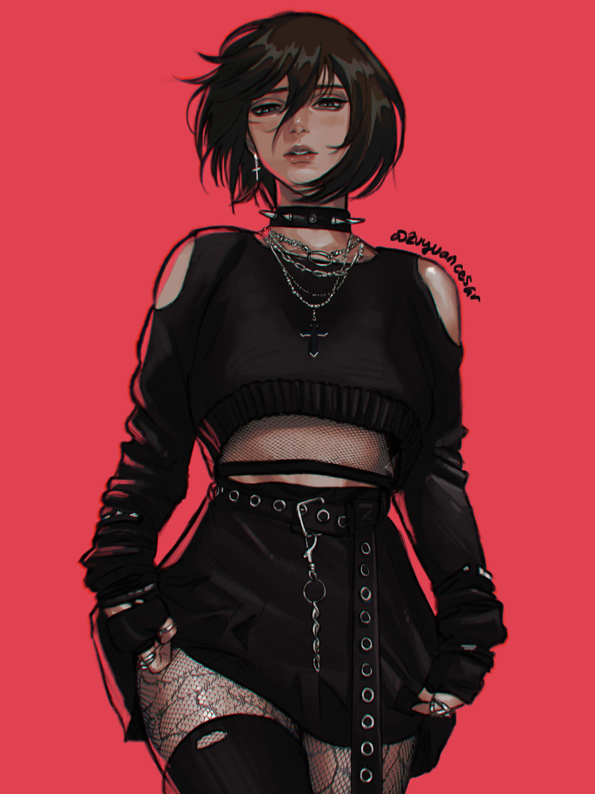 1girl, absurdres, artist_name, belt, black_collar, black_hair, black_shirt, black_skirt, black_sweater, blouse, clothes_lift, clothing_cutout, collar, cowboy_shot, crop_top, cross, cross_earrings, cross_necklace, earrings, facial_scar, fingerless_gloves, fishnet_thighhighs, fishnets, gloves, goth_fashion, hair_between_eyes, highres, jewelry, long_bangs, looking_at_viewer, mikasa_ackerman, miniskirt, multiple_rings, necklace, off_shoulder, parted_lips, red_background, ring, scar, scar_on_cheek, scar_on_face, shingeki_no_kyojin, shirt, short_hair, shoulder_cutout, skirt, skirt_lift, spiked_collar, spikes, sweater, thighhighs, zu_yuan_cesar