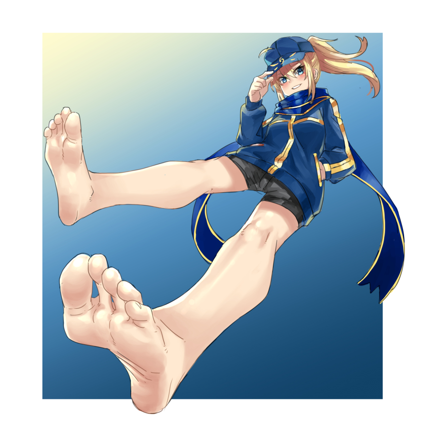 1girl, ahoge, artoria_pendragon_(fate), barefoot, baseball_cap, blonde_hair, blue_eyes, blue_scarf