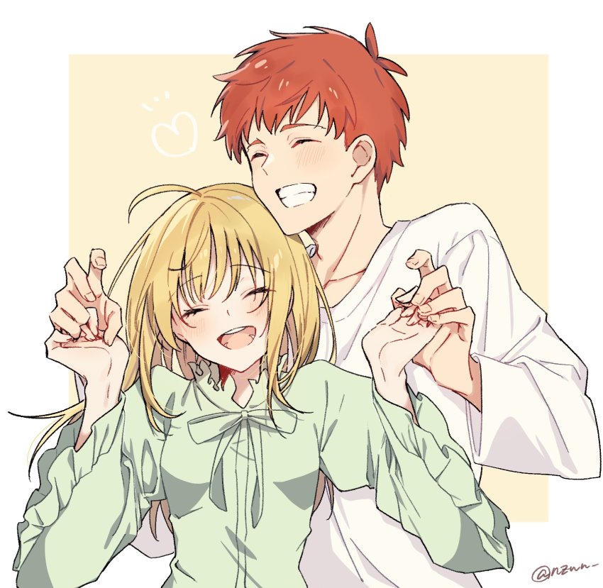 1boy, 1girl, ahoge, artoria_pendragon_(fate), blonde_hair, blush, bow, bowtie