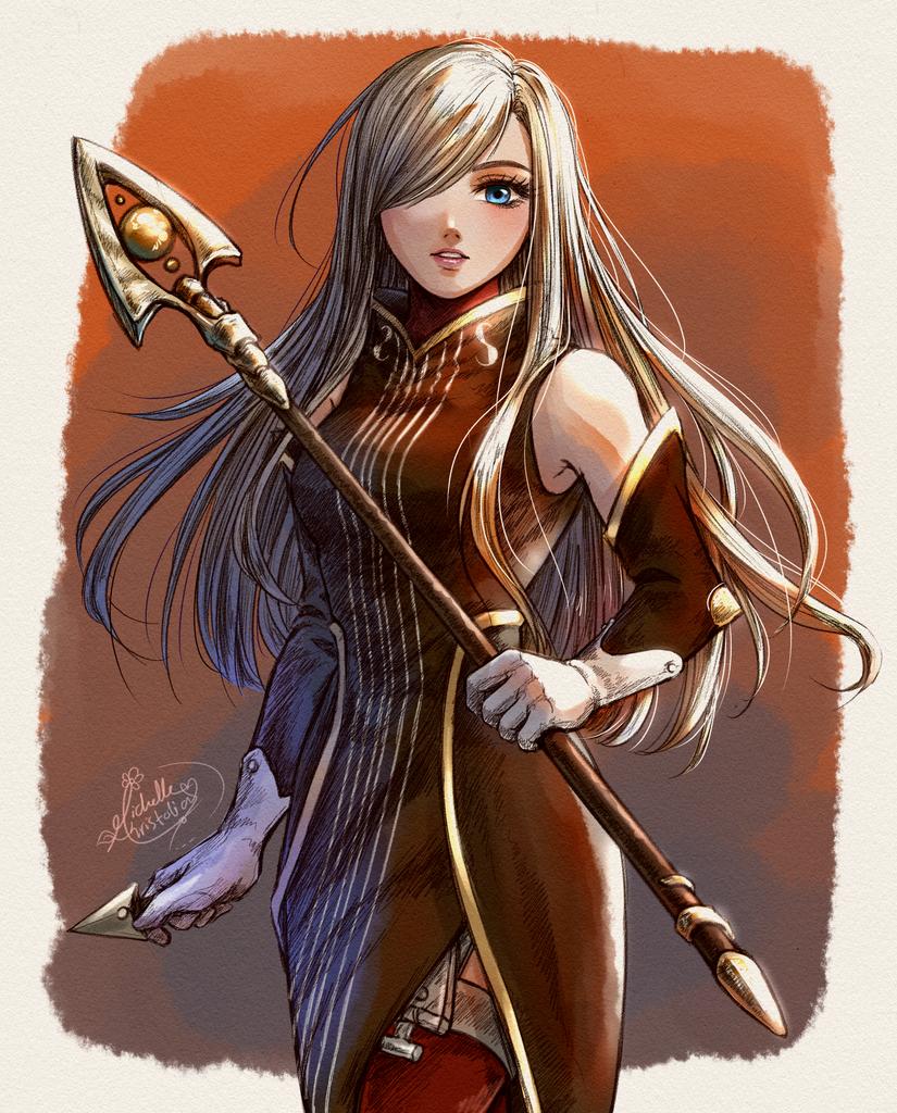 1girl, arm_warmers, bare_shoulders, blue_eyes, breasts, brown_arm_warmers, brown_hair, dress