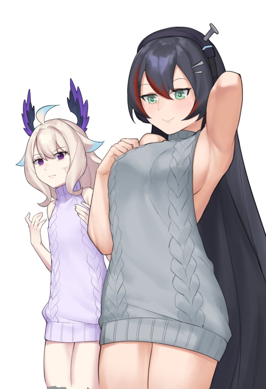 absurdres, blonde_hair, blue_hair, bow, breast_envy, breasts, dasdokter, enna_alouette